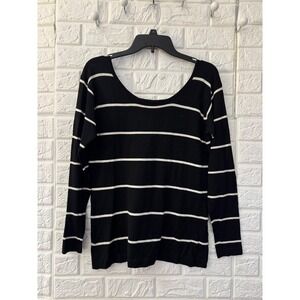 Linda Allard Ellen Tracy Striped Knit Top Black White Scoop Neck Short Sleeve M